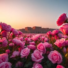 A vast, vibrant field of pink Damask roses (Mohammadi flowers) in Kashan, Iran, during sunrise. The morning light catches the dew on the petals. In the background, traditional Iranian mud-brick architecture is faintly visible. Hyper-realistic, vibrant colors, wide-angle shot, travel photography.