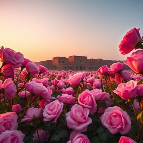 A vast, vibrant field of pink Damask roses (Mohammadi flowers) in Kashan, Iran, during sunrise. The morning light catches the dew on the petals. In the background, traditional Iranian mud-brick architecture is faintly visible. Hyper-realistic, vibrant colors, wide-angle shot, travel photography.